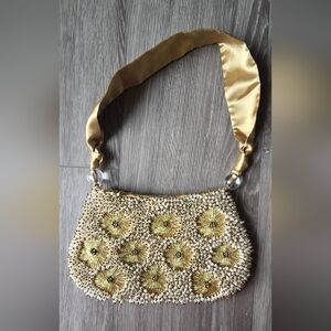 Vintage Gold Beaded Evening Bag Floral Pearl Embellished Satin Y2K Lord & Taylor